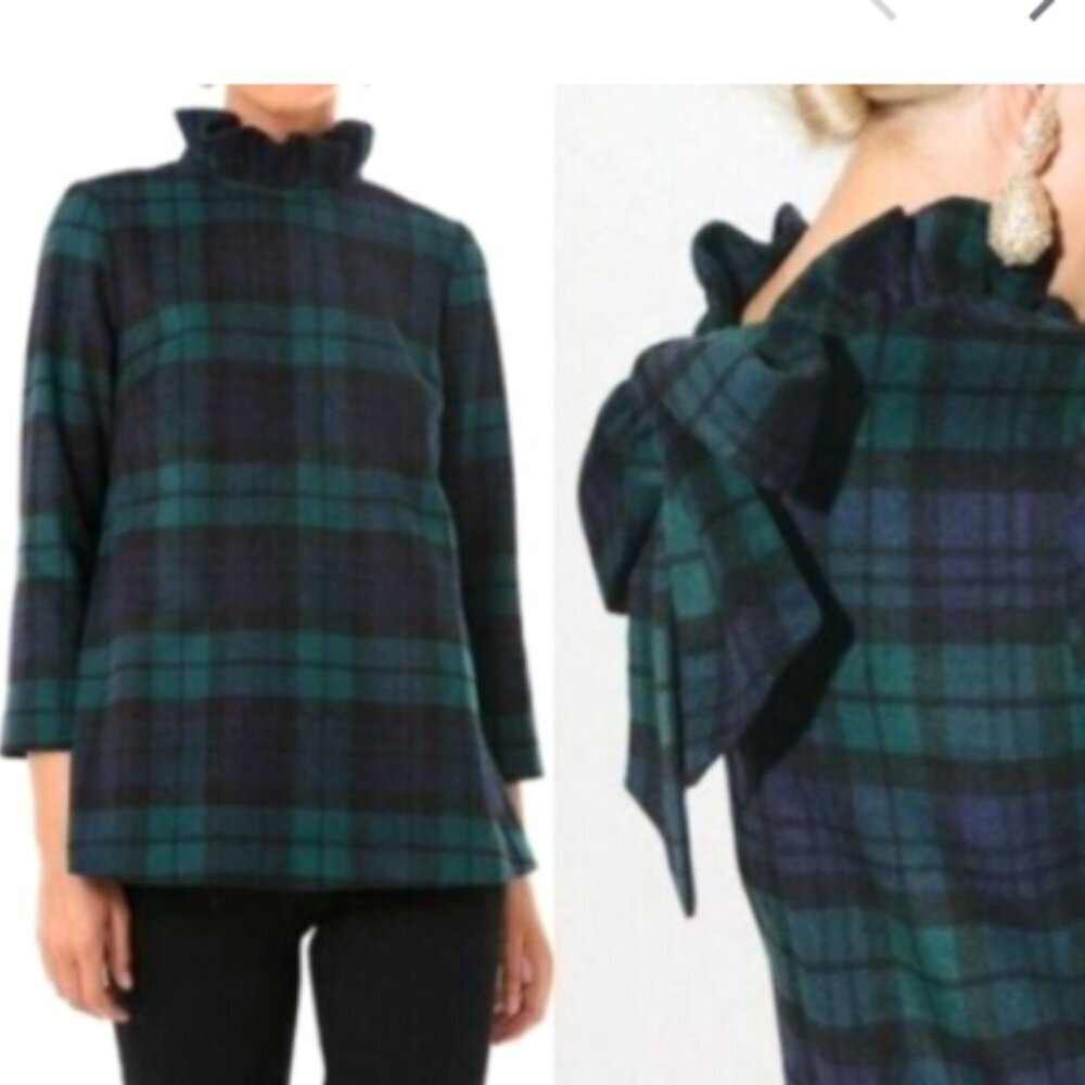 Tuckernuck Blue Blackwatch Plaid Faye Blouse Women's Size M Excellent Condition